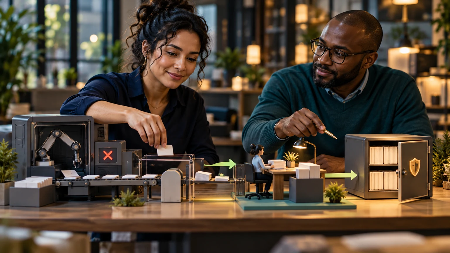 An owner and operations specialist rehearse a planned handover from an inactive automation station to a maintained manual desk