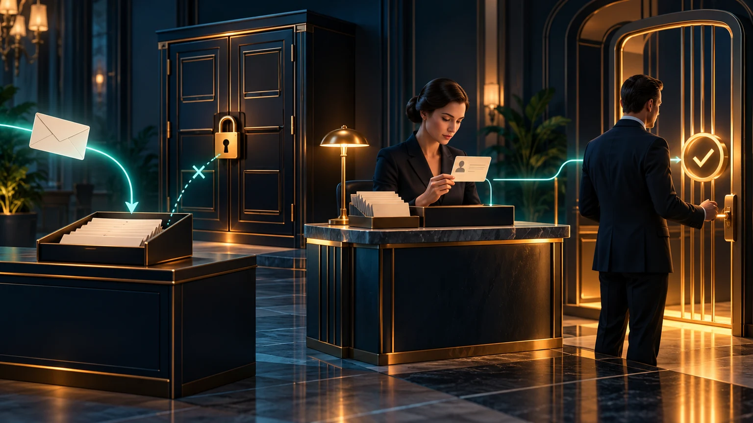 An incoming supplier message reaches review but cannot open a master-record cabinet without separate verification and authorization