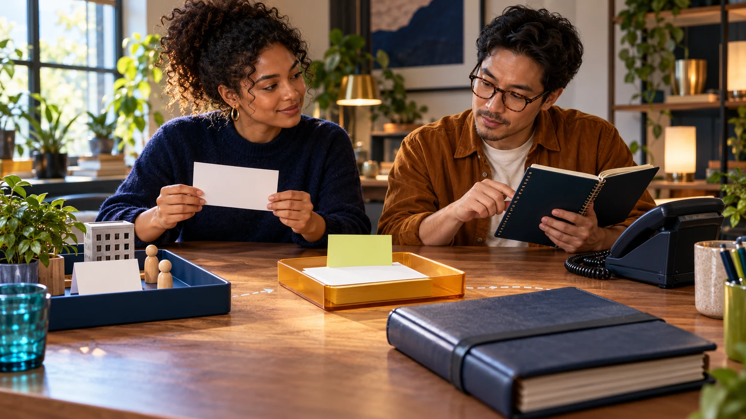 Two colleagues use fictional test messages, a separate contact notebook and a telephone while the official ledger remains closed