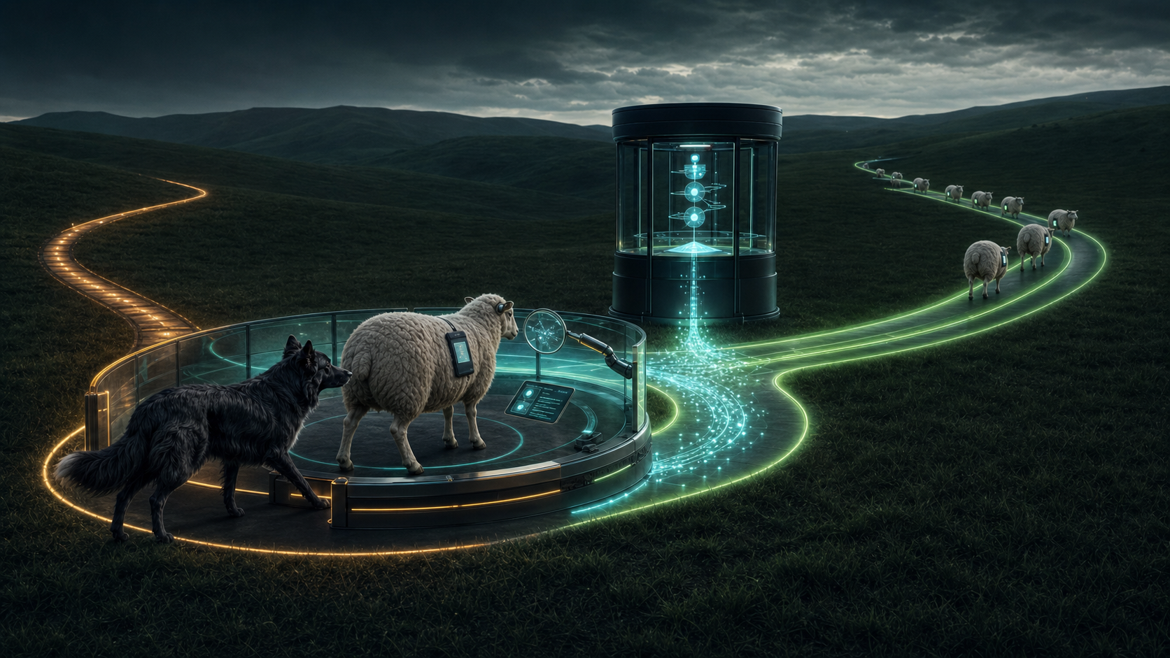 A black sheepdog guides one agentic sheep through a safe correction loop while evidence becomes shared memory and the healthy flock continues along a trusted path