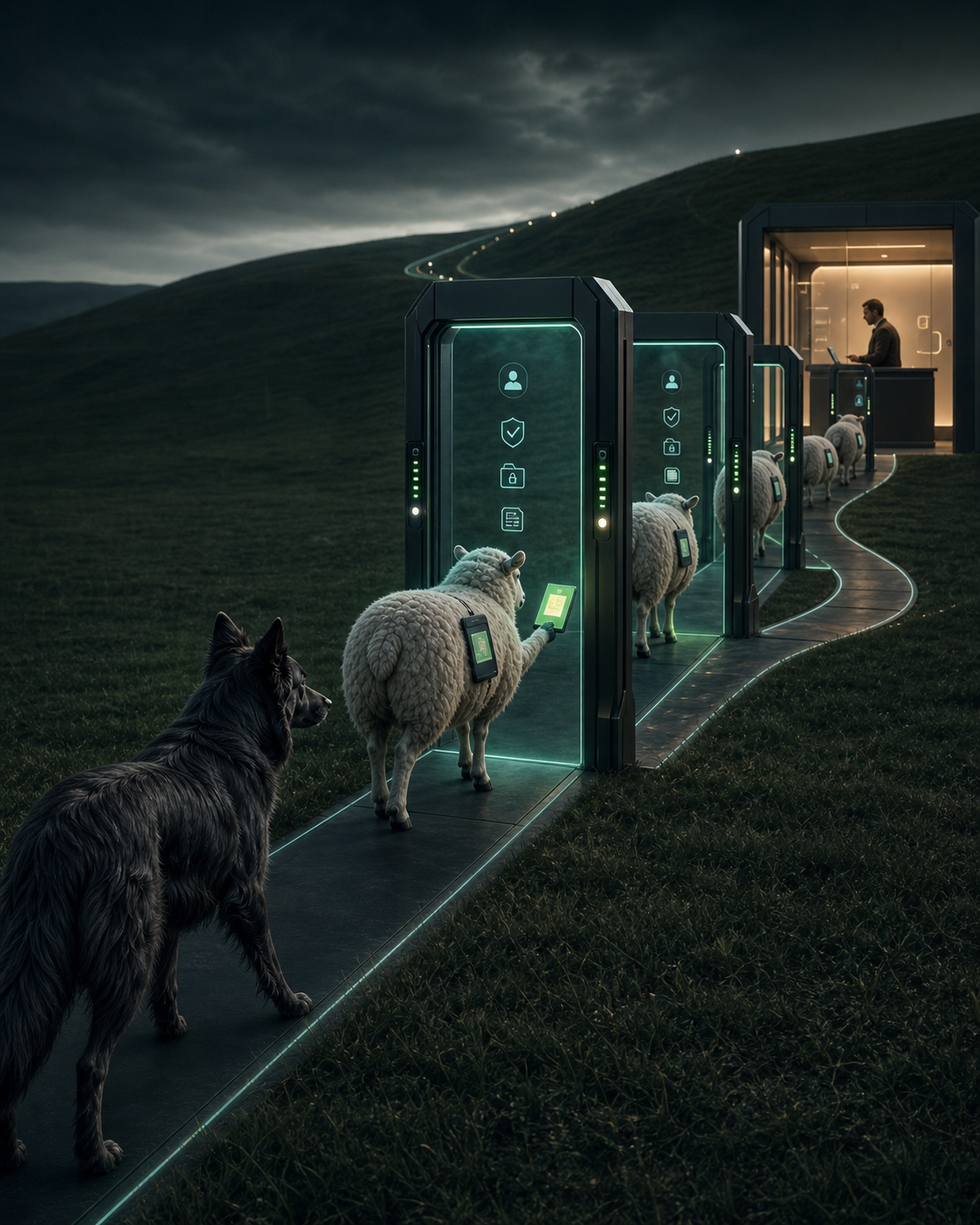 A black sheepdog oversees agentic sheep presenting identity credentials and Change Passport evidence through assurance gates toward Human acceptance